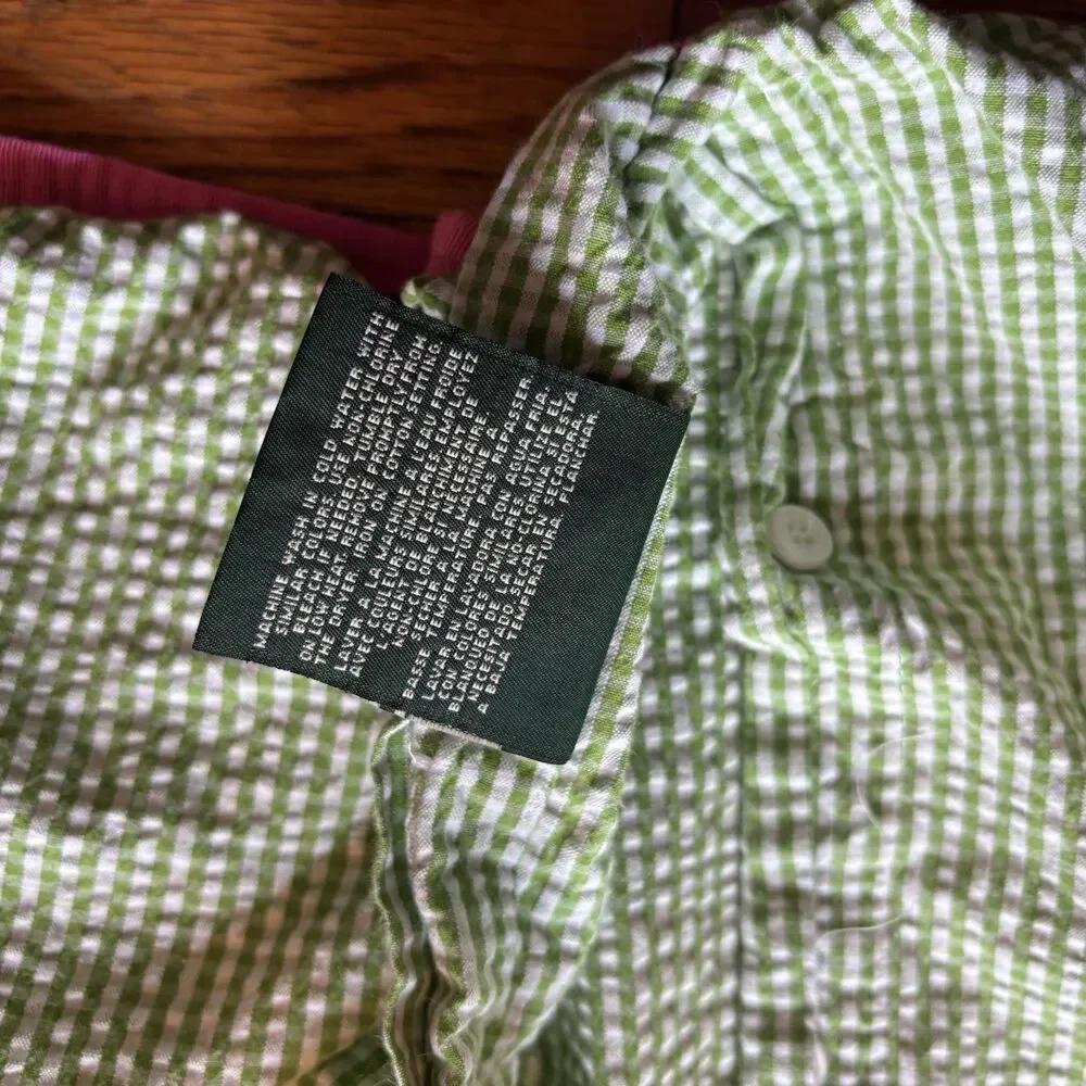 Ralph Lauren Watermill Sham Pillow Cover Green White Seersucker Pink Trim Button